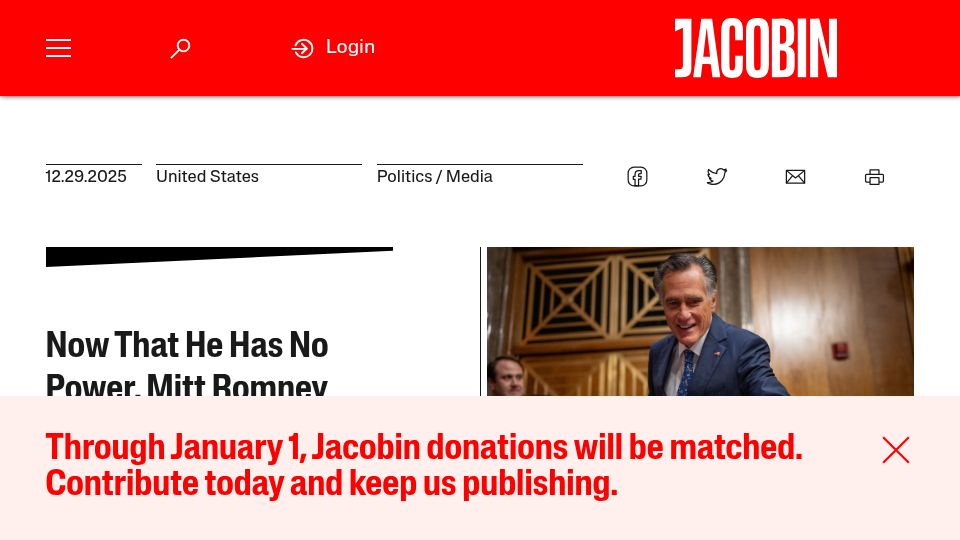 Screenshot of jacobin.com: Now That He Has No Power, Mitt Romney Says "Tax the Rich"