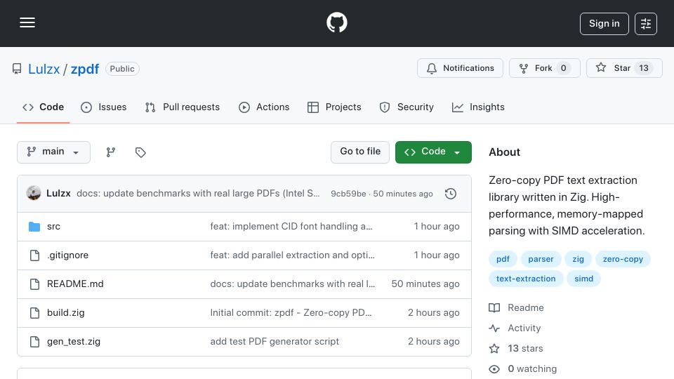 Screenshot of github.com: Zpdf: PDF text extraction in Zig