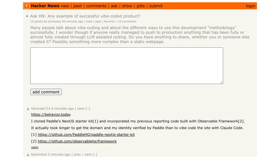 Screenshot of Hacker News post: Ask HN: Any example of successful vibe-coded product?