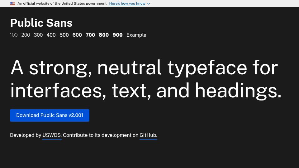 Screenshot of public-sans.digital.gov: Public Sans – A strong, neutral typeface