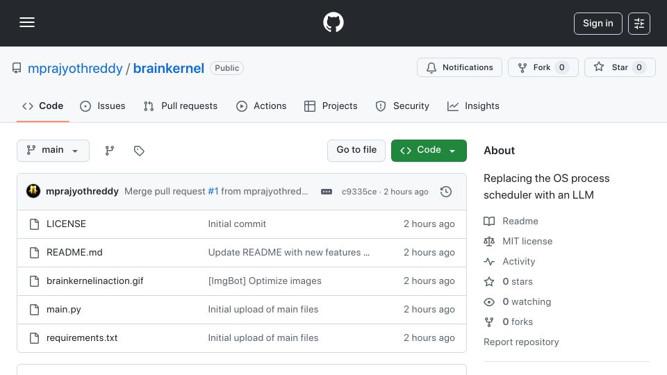 Screenshot of github.com: Show HN: Replacing my OS process scheduler with an LLM