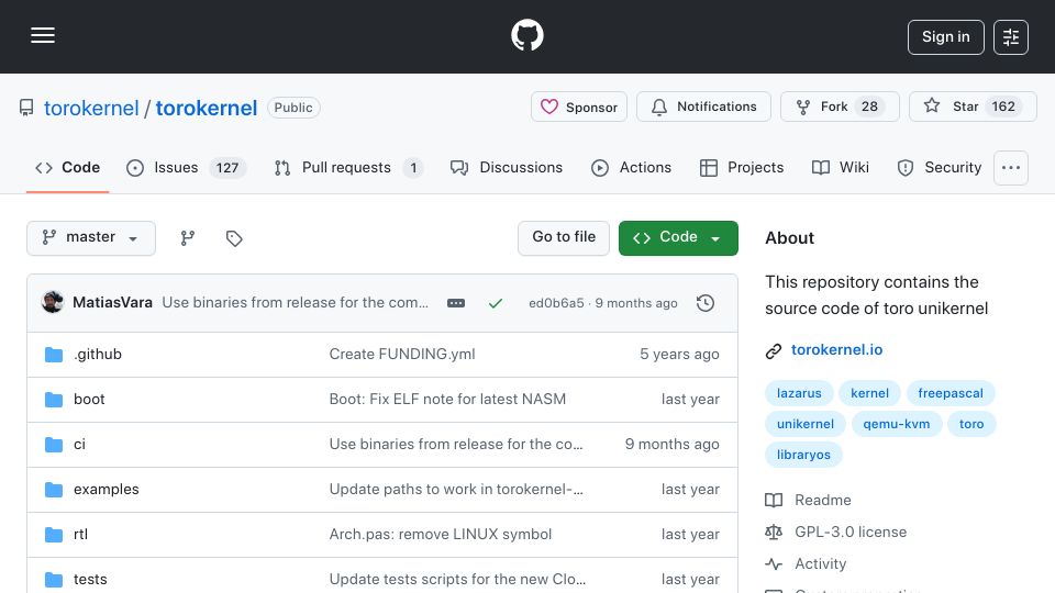 Screenshot of github.com: Toro: Deploy Applications as Unikernels