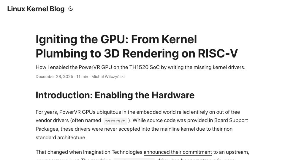 Screenshot of mwilczynski.dev: Igniting the GPU: From Kernel Plumbing to 3D Rendering on RISC-V