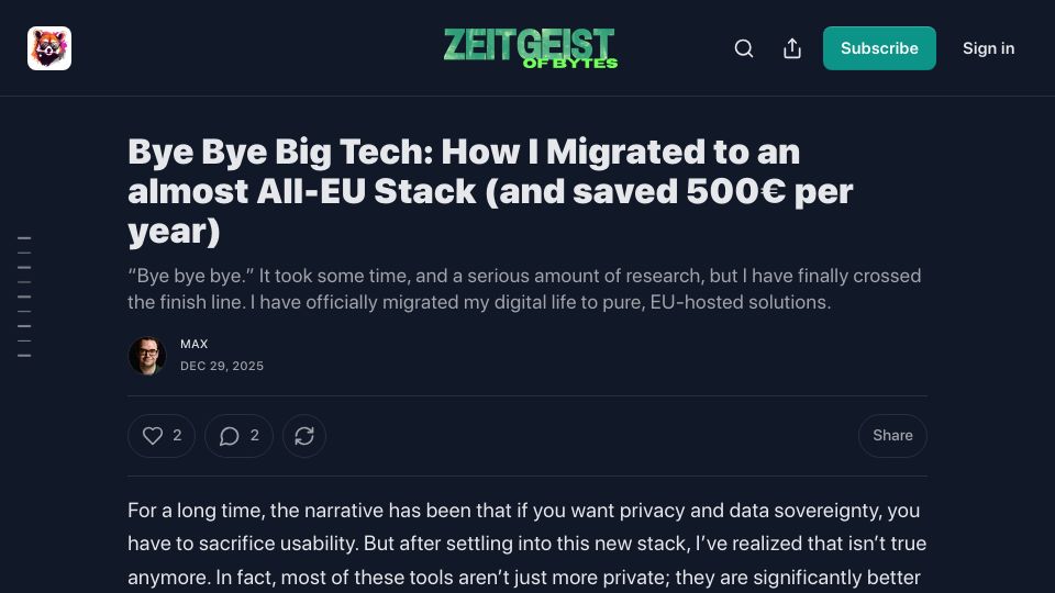 Screenshot of zeitgeistofbytes.com: I migrated to an almost all-EU stack and saved 500€ per year