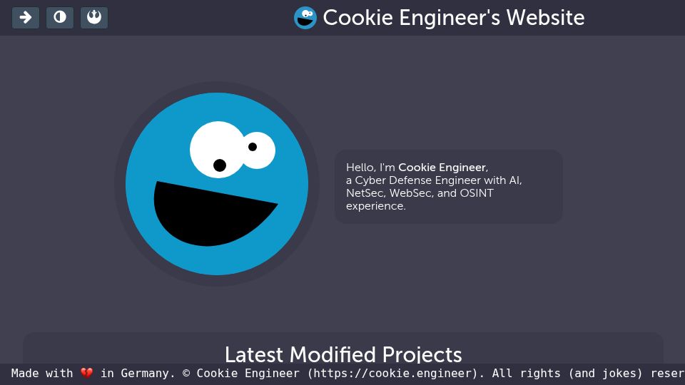 Screenshot of cookie.engineer: Show HN: I remade my website in the Sith Lord Theme and I hope it's fun