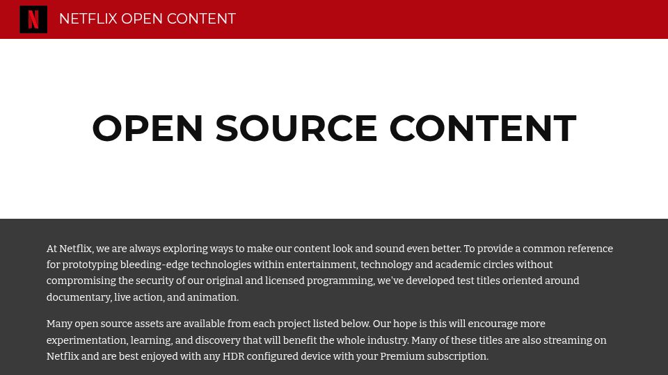 Screenshot of opencontent.netflix.com: Netflix Open Content