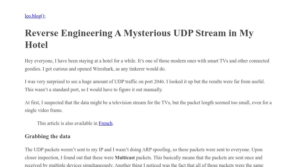 Screenshot of gkbrk.com: Reverse Engineering a Mysterious UDP Stream in My Hotel (2016)