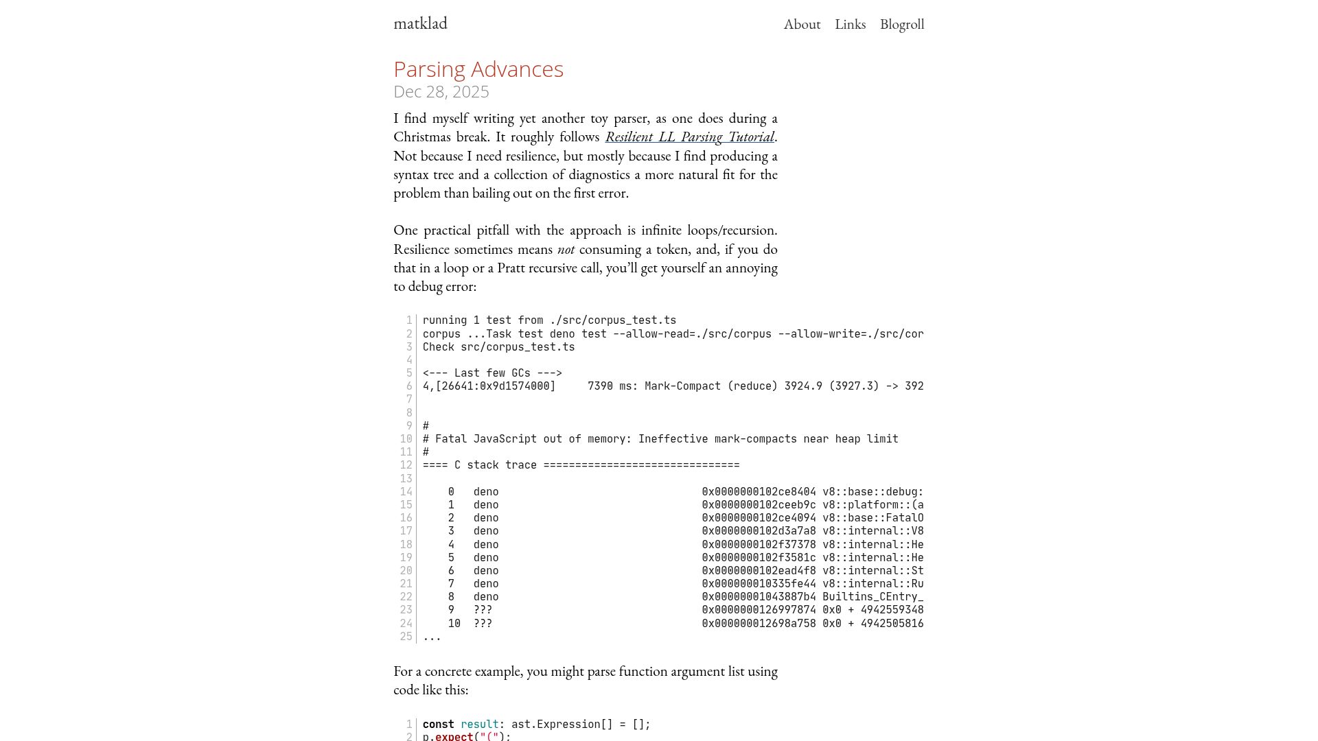 Screenshot of matklad.github.io: Parsing Advances