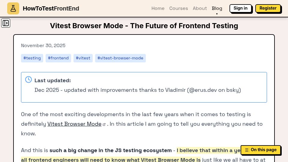 Screenshot of howtotestfrontend.com: Vitest Browser Mode Guide