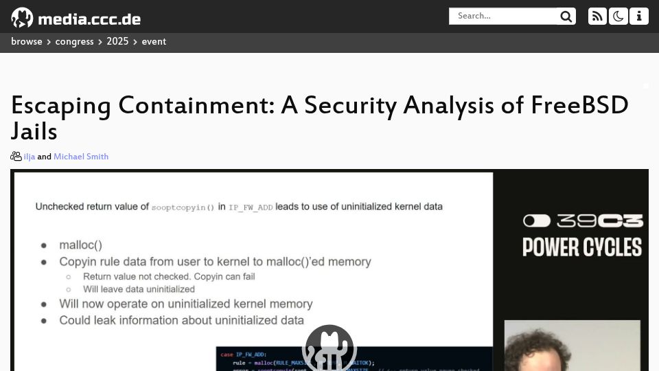 Screenshot of media.ccc.de: Escaping containment: A security analysis of FreeBSD jails [video]