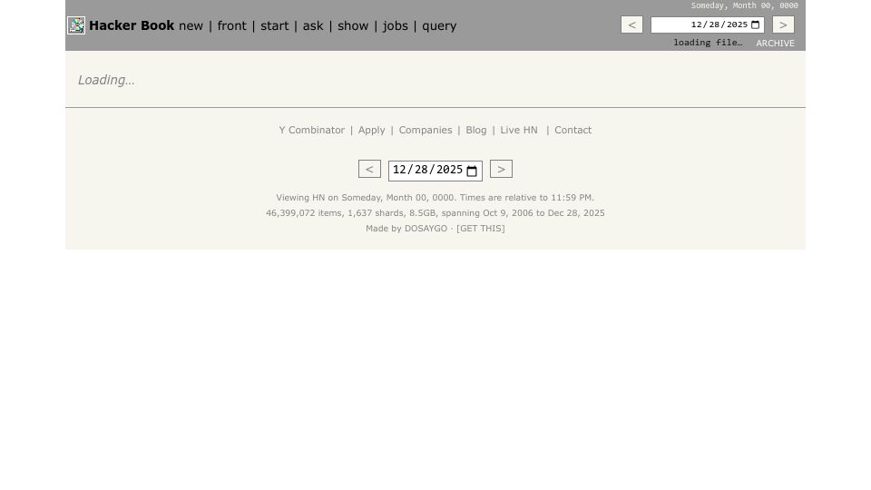 Screenshot of hackerbook.dosaygo.com: Show HN: 22 GB of Hacker News in SQLite