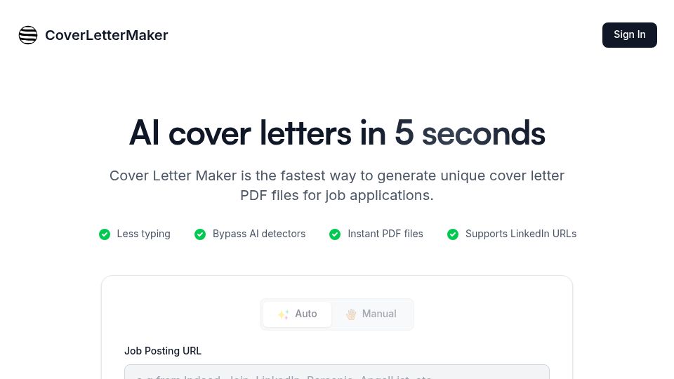 Screenshot of coverlettermaker.co: Show HN: Cover letter generator with Ollama/local LLMs (Open source)