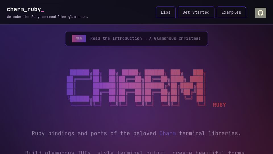 Screenshot of charm-ruby.dev: Charm Ruby – Glamorous Terminal Libraries for Ruby