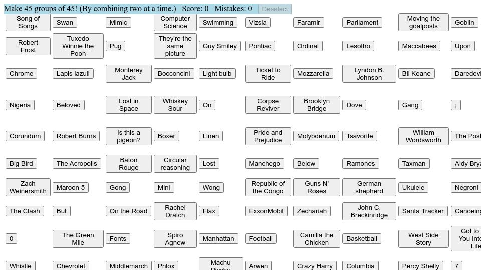 Screenshot of thomaswc.com: Show HN: A 45x45 Connections Puzzle To Commemorate 2025=45*45