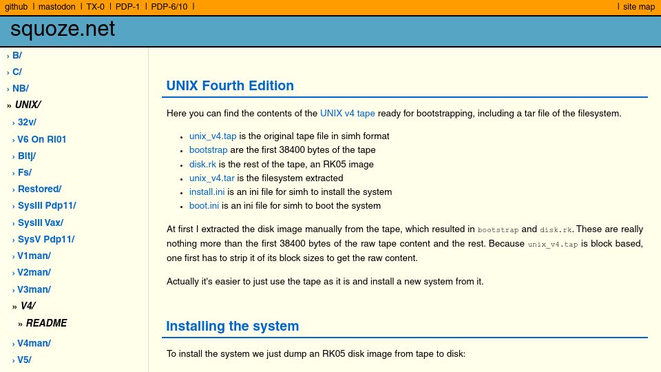 Screenshot of squoze.net: UNIX Fourth Edition