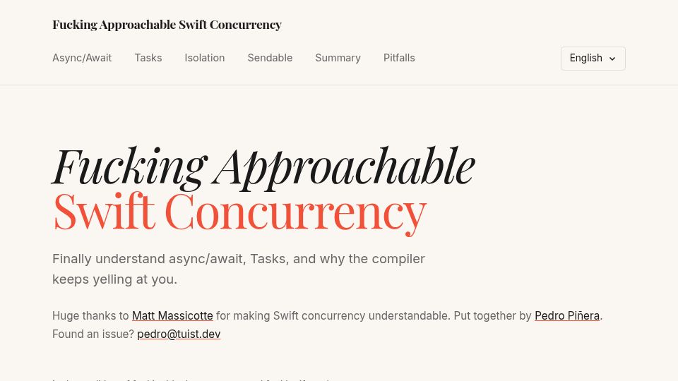 Screenshot of fuckingapproachableswiftconcurrency.com: Approachable Swift Concurrency