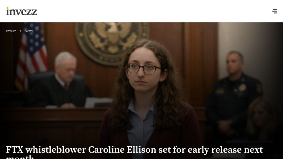 Screenshot of invezz.com: FTX whistleblower Caroline Ellison set for early release next month