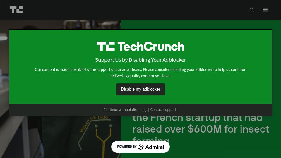Screenshot of techcrunch.com: Ÿnsect, a French insect farming startup, has been been placed into liquidation