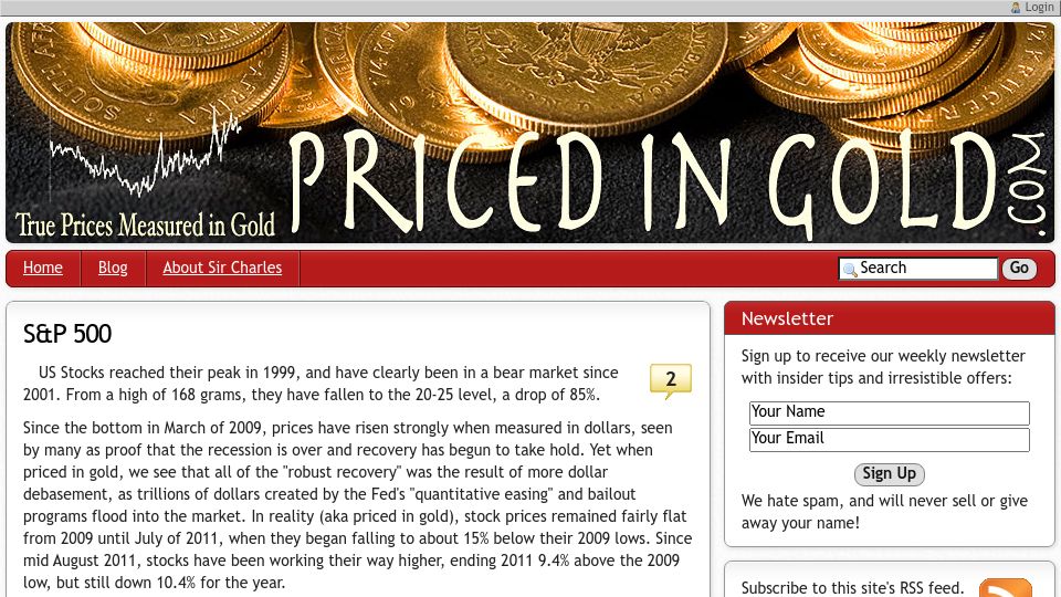 Screenshot of pricedingold.com: S&P500 Priced in Gold