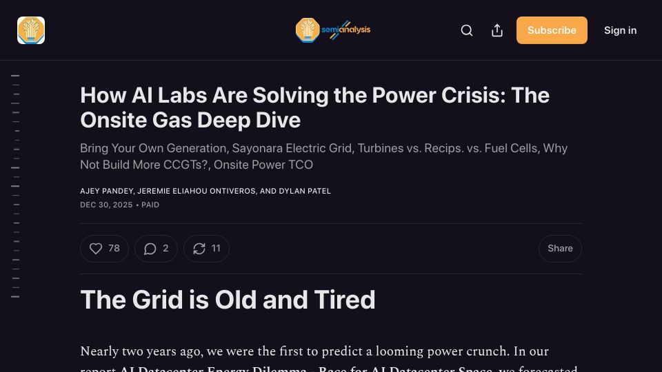 Screenshot of newsletter.semianalysis.com: How AI labs are solving the power problem