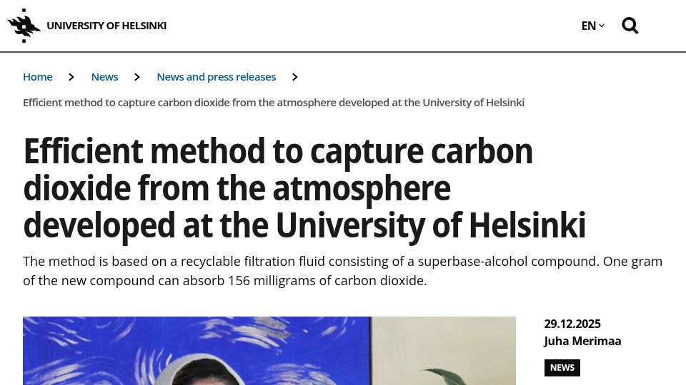 Screenshot of helsinki.fi: Efficient method to capture carbon dioxide from the atmosphere