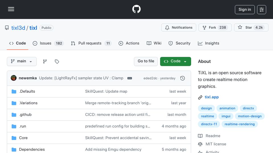 Screenshot of github.com: Tixl: Open-source realtime motion graphics