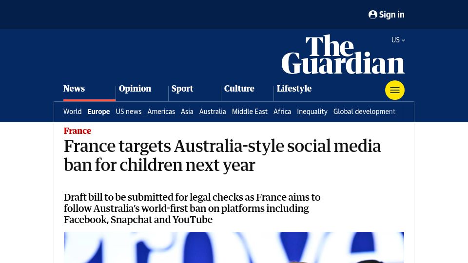 Screenshot of theguardian.com: France targets Australia-style social media ban for children next year