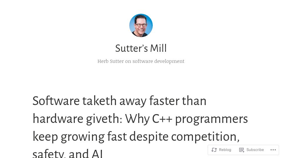 Screenshot of herbsutter.com: Why C++ programmers keep growing fast despite competition, safety, and AI