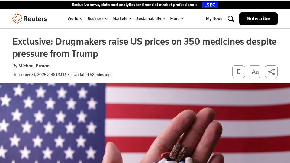Screenshot of reuters.com: Drugmakers raise US prices on 350 medicines despite pressure