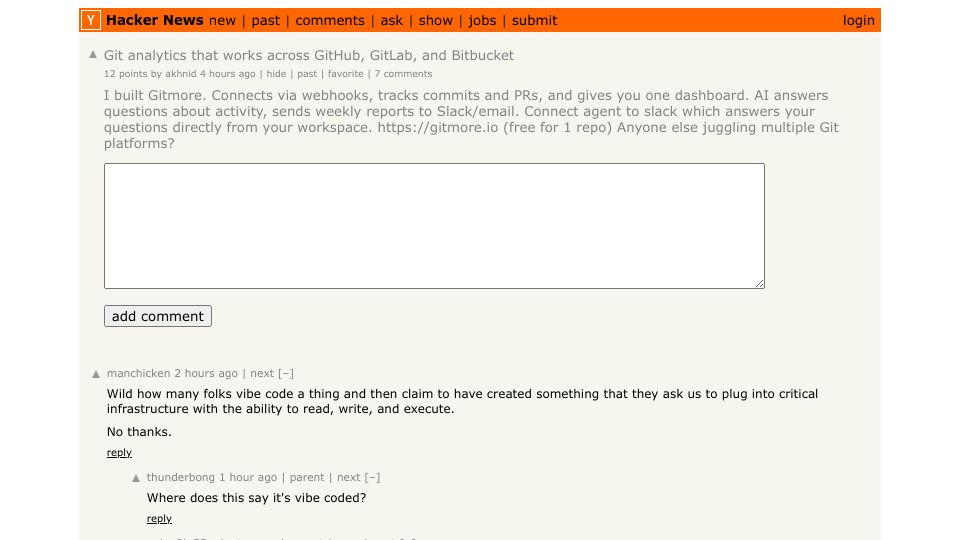 Screenshot of Hacker News post: Git analytics that works across GitHub, GitLab, and Bitbucket