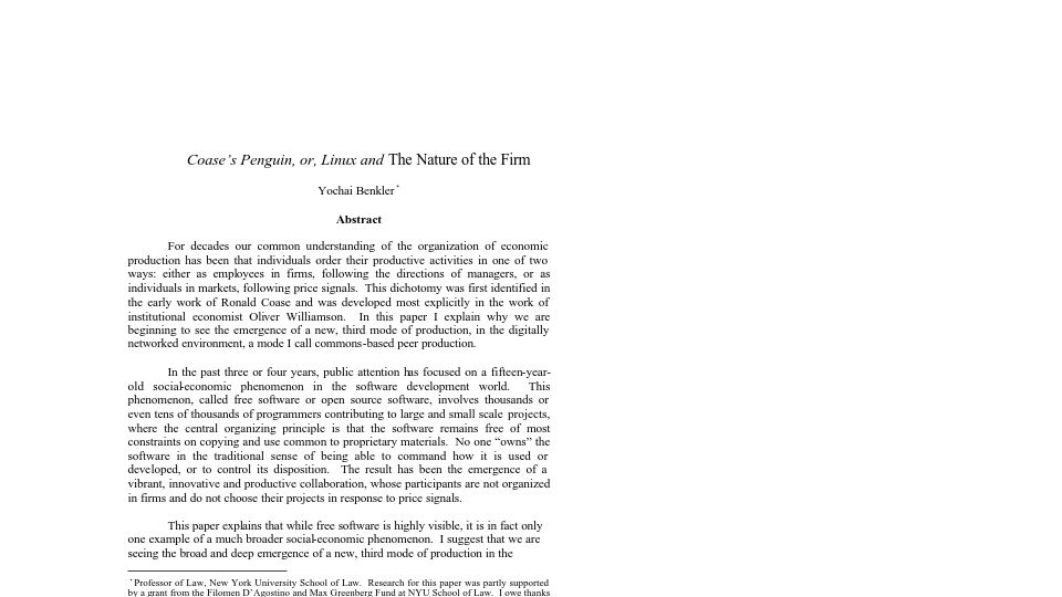 Screenshot of benkler.org: Coase's Penguin, Or, Linux and the Nature of the Firm [pdf]