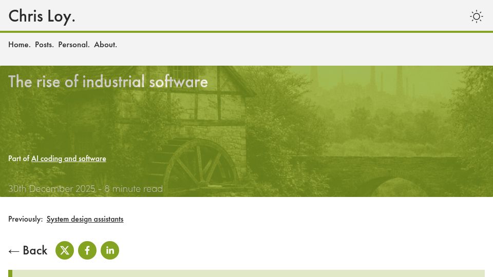 Screenshot of chrisloy.dev: The rise of industrial software