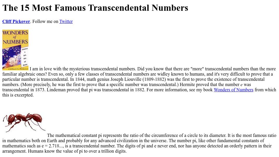 Screenshot of sprott.physics.wisc.edu: The most famous transcendental numbers