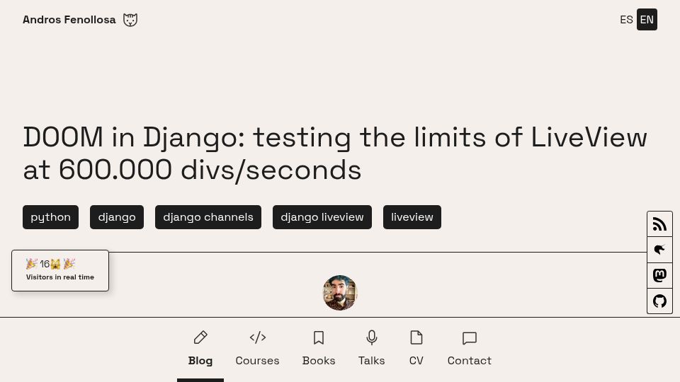 Screenshot of en.andros.dev: Doom in Django: testing the limits of LiveView at 600.000 divs/segundo