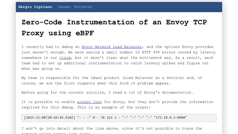 Screenshot of sergiocipriano.com: Zero-Code Instrumentation of an Envoy TCP Proxy Using eBPF