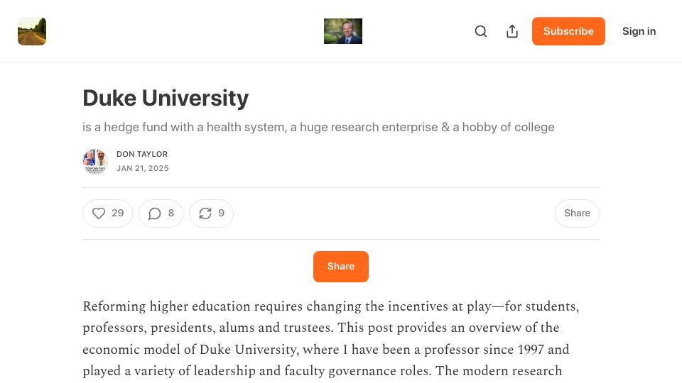 Screenshot of dontaylor13.substack.com: The Economics of Duke University