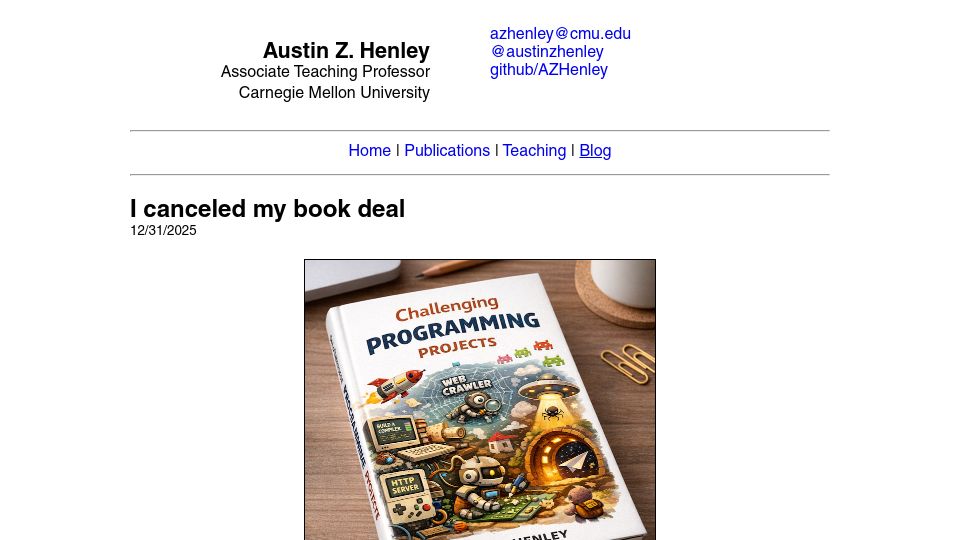 Screenshot of austinhenley.com: I canceled my book deal