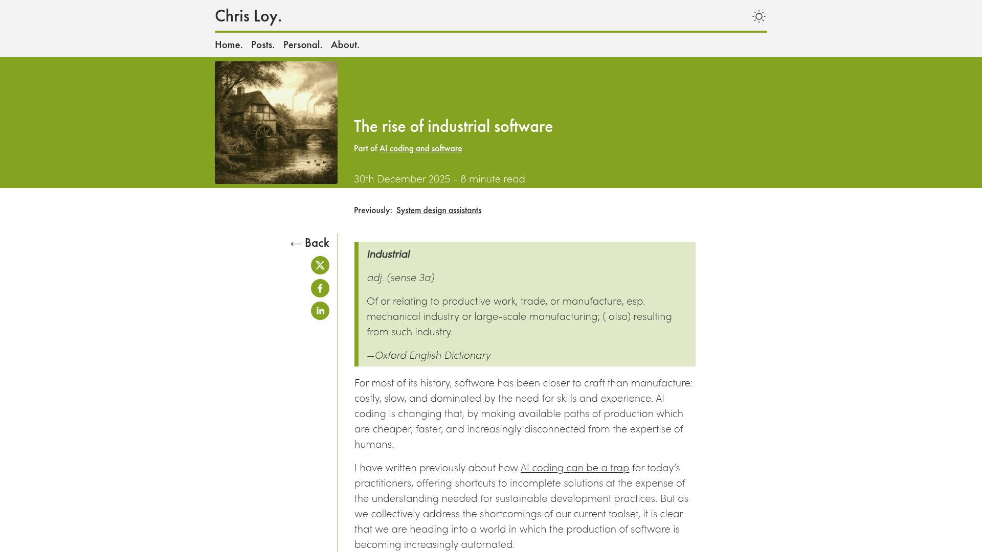 Screenshot of chrisloy.dev: The rise of industrial software
