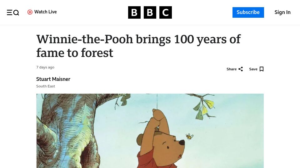 Screenshot of bbc.com: Winnie-the-Pooh brings 100 years of fame to forest