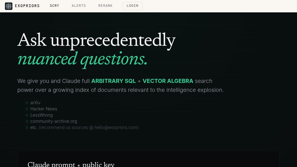 Screenshot of exopriors.com: Show HN: Use Claude Code to Query 600 GB Indexes over Hacker News, ArXiv, etc.