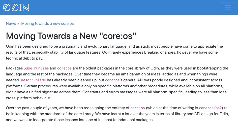 Screenshot of odin-lang.org: Odin: Moving Towards a New "core:OS"