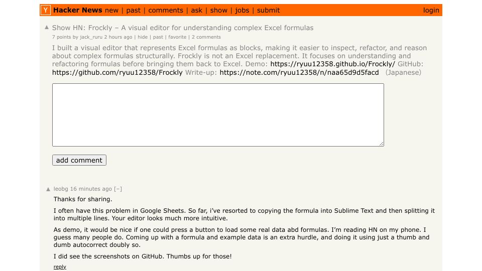 Screenshot of Hacker News post: Show HN: Frockly – A visual editor for understanding complex Excel formulas