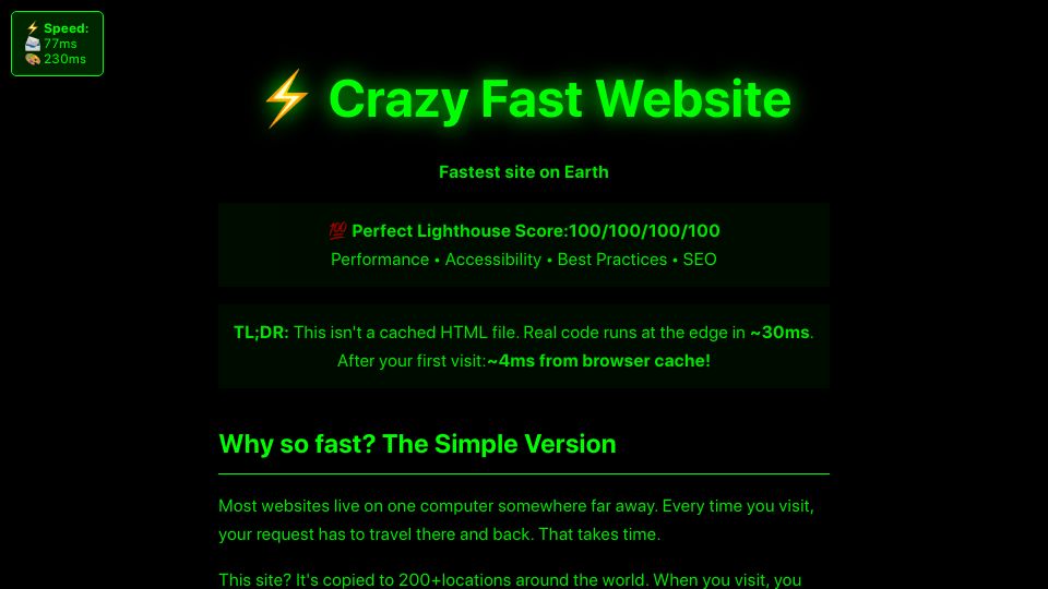 Screenshot of crazyfast.website: A super fast website using Cloudflare workers