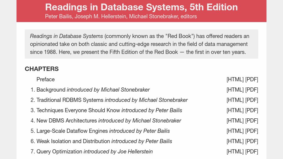 Screenshot of redbook.io: Readings in Database Systems (5th Edition) (2015)
