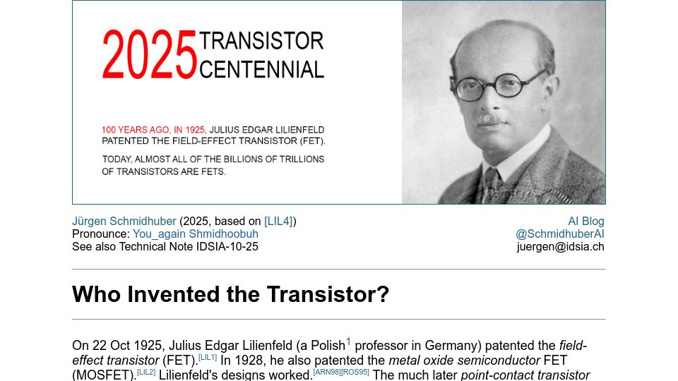 Screenshot of people.idsia.ch: Who invented the transistor?
