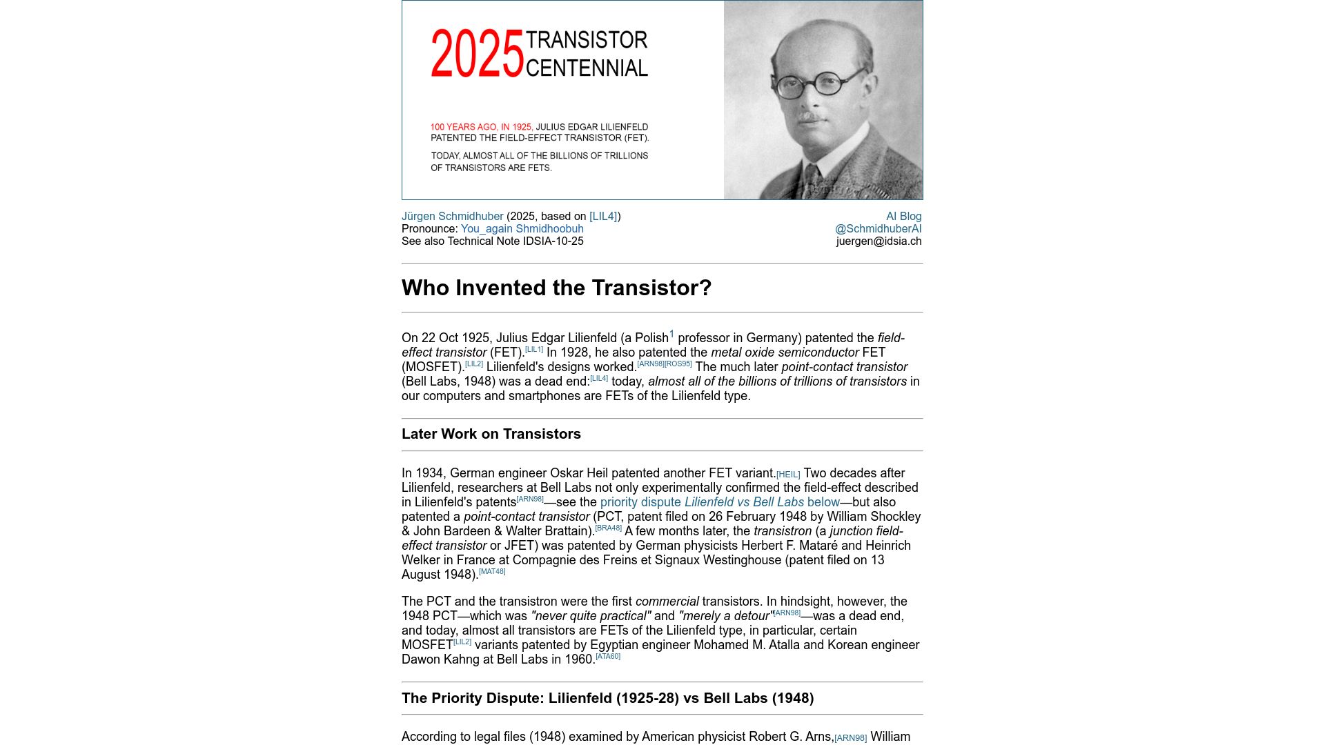 Screenshot of people.idsia.ch: Who invented the transistor?