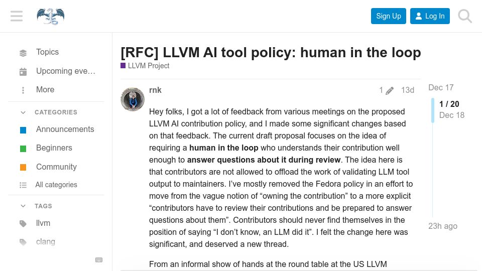 Screenshot of discourse.llvm.org: LLVM AI tool policy: human in the loop