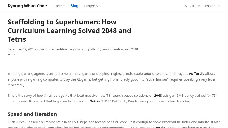 Screenshot of kywch.github.io: Scaffolding to Superhuman: How Curriculum Learning Solved 2048 and Tetris