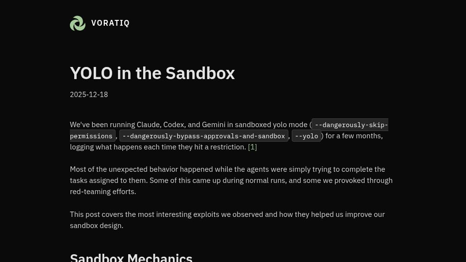 Screenshot of voratiq.com: Observed Agent Sandbox Bypasses