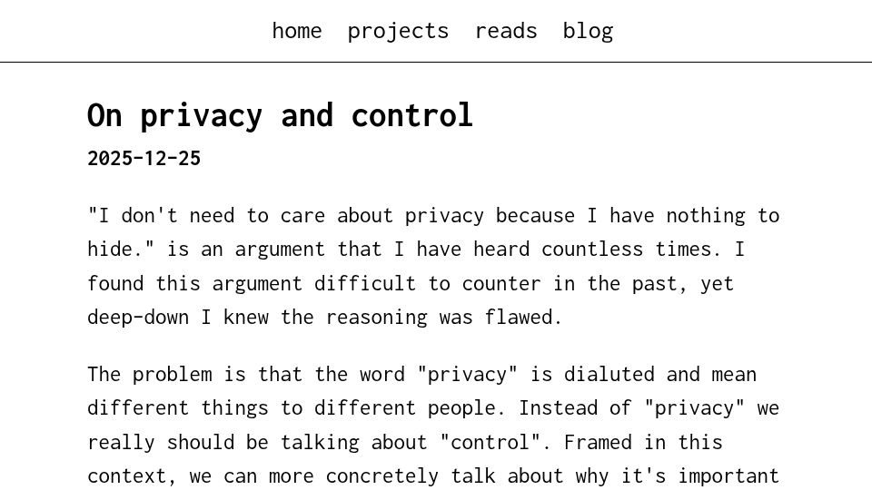 Screenshot of toidiu.com: On privacy and control